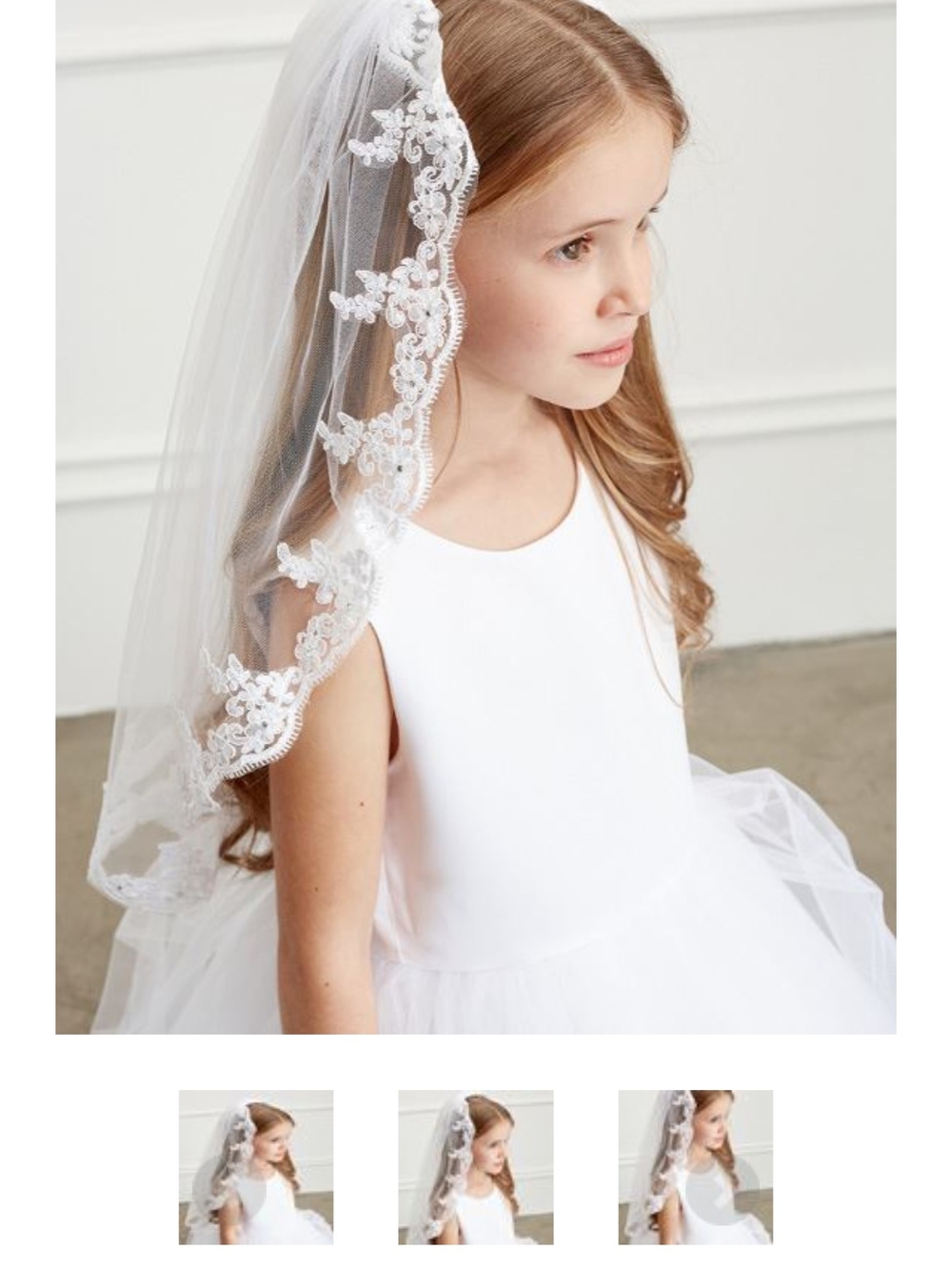 Embroidered Communion/Bridal Veil, Mantilla For Kids, w/ Floral Lace Trim, White